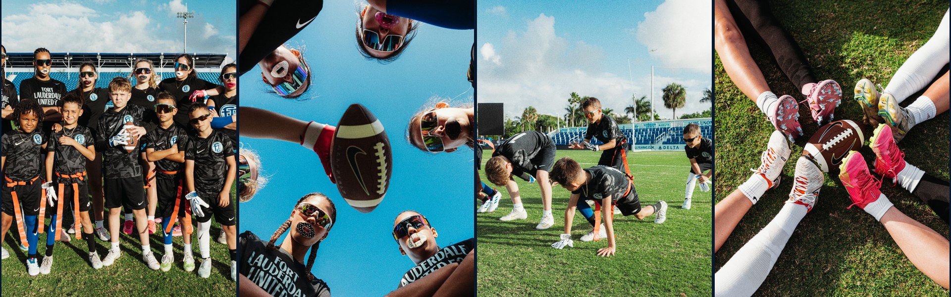 FTL United flag football — team, huddle, drills, and cleats on the field